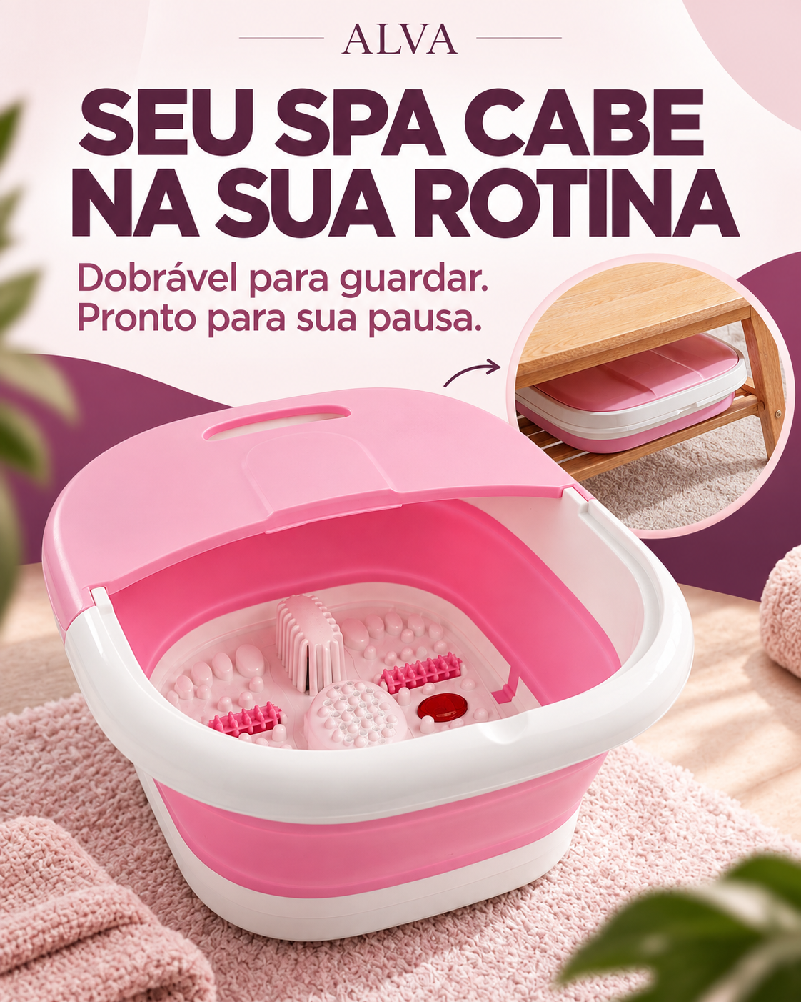 O seu spa cabe na sua rotina. Depois do uso, dobre e guarde em um armário, sob a cama ou em outro espaço seco. Praticidade para casas e rotinas de todos os tamanhos.