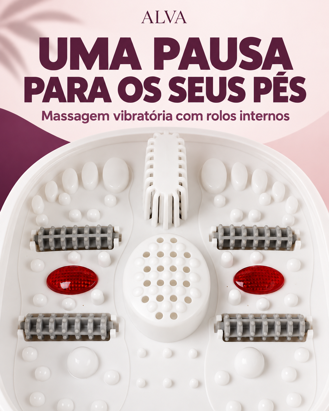 O cuidado está nos detalhes. Os rolos internos complementam a experiência de massagem e relaxamento dos pés.